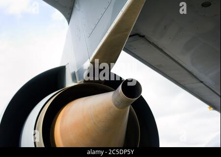 Detail of jet airplane - backside of turbine engine of plane. Stock Photo