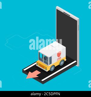 Concept of delivery. Truck icon with mobile. Flat design. Vector Illustration. Stock Vector