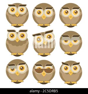 Set of owls isolated on white background. Flat icons. Vector illustration. Stock Vector