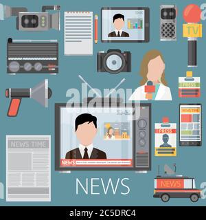 Color vector flat icon set and illustrations modern information technology and news release Stock Vector