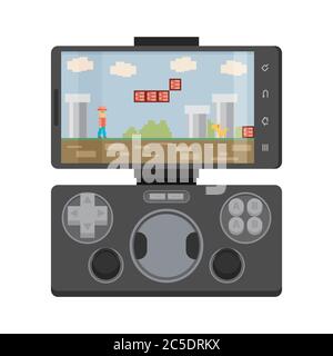 Modern smartphone connected with gamepad, isolated on white background. Flat vector. Stock Vector