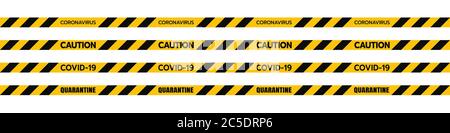 Vector of Yellow Caution Euro Tape of COVID-19Set Warning Coronavirus Outbreak of Quarantine Area, Infection Virus Disease, Risk Area Zone. Biohazard. Stock Vector