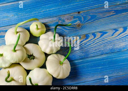 Harvest of organic garden vegetables. Young patisons lie on a wooded table