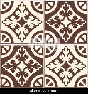 Set of four Floor tiles - seamless vintage pattern with cement tiles. Seamless vector background. Vector illustration. Retro colors - white and brown. Stock Vector