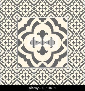 Floor tiles - seamless vintage pattern with cement tiles. Seamless vector background. Vector illustration. One big tile in center is framed in small t Stock Vector