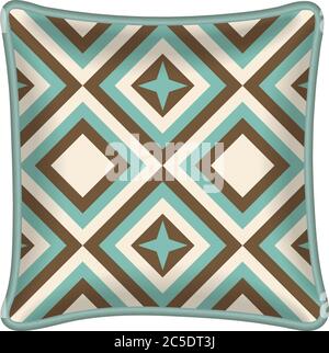 Interior design element: Decorative pillow with patterned pillowcase (abstract geometric pattern in mint and brown colors). Isolated on white. Vector Stock Vector