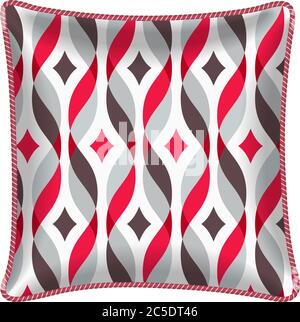 Interior design element: Decorative pillow with patterned pillowcase (tangled red ribbon and diamonds pattern). Isolated on white. Vector illustration Stock Vector