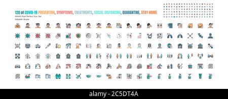 Simple Set of Covid-19 Prevention Filled Outline Icons. such Icons as Protective, Coronavirus, Social Distancing, Symptoms, Quarantine, Stay at Home, Stock Vector