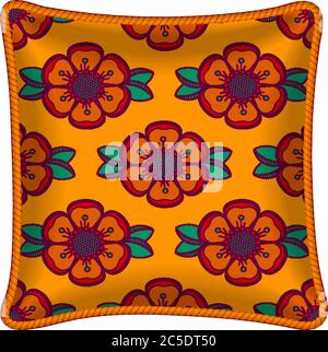 Interior design element: Decorative pillow with patterned pillowcase (abstract flowers pattern on bright orange background). Isolated on white. Vector Stock Vector