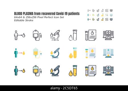 Blood Plasma is being Sought from Recovered Covid-19 Patients. Research to the Coronavirus Disease 2019 Infection Treatments. Line outline, Flat, Fill Stock Vector