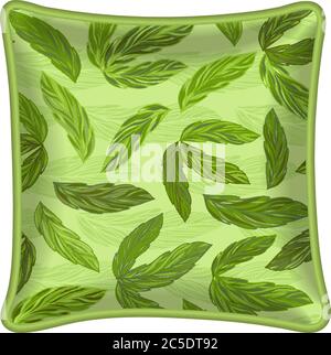Interior design element: Decorative pillow with patterned pillowcase (natural pattern - green leaves on light background). Isolated on white. Vector i Stock Vector