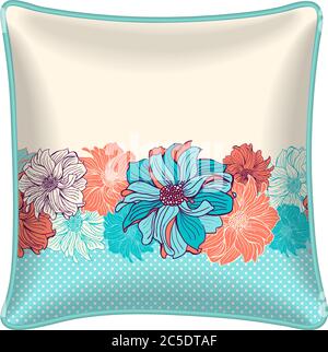 Interior design element - Decorative throw pillow with patterned pillowcase - floral border, hand drawn dahlias in turquoise, polka dot background. Is Stock Vector
