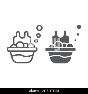 Basin with the clothes line and glyph icon, laundry and wash, laundering in basin sign, vector graphics, a linear pattern on a white background. Stock Vector