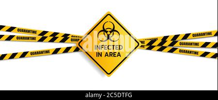 Vector Caution Sign of COVID-19. Warning Coronavirus Outbreak Infected Area Quarantine Area, Infection Virus Disease, Risk Area Zone. Biohazard With E Stock Vector