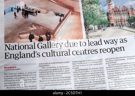 Newspaper article headline in the Guardian arts ''National Gallery due to lead way as England's cultural centres reopen' on London UK 24 June 2020 Stock Photo