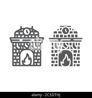 Christmas fireplace line and glyph icon, holiday and fire, fireplace with stocking sign, vector graphics, a linear pattern on a white background. Stock Vector