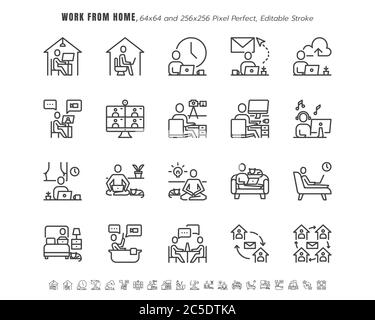 Simple Set of Stay and Work from Home in Coronavirus 2019 or Covid-19 Crisis.  Such as Working in Living Room, Bedroom, Bathroom. Thin Line Outline Ic Stock Vector