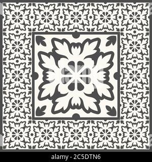Floor tiles - seamless vintage pattern with cement tiles. Seamless vector background. Vector illustration. One big tile in center is framed in small t Stock Vector