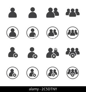 Set of User and delete friend with X cross and round for Accounting, Profile, Administrator,Social Media, Mobile apps, internet web, etc. flat solid g Stock Vector
