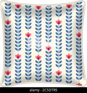 Interior design element - Decorative throw pillow with patterned pillowcase - retro flowers background. Isolated on white. Vector illustration. Stock Vector