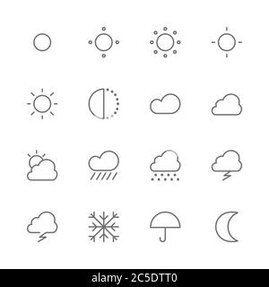 Simple Set of Weather and Climate Forecast Related Vector thin line Icons. Contains such as rainy, sunny, snowy, cloudy, day, night, hot, cold, sun, m Stock Vector
