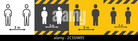 Bundle of Social Distancing Sign 2 metre (m.) or 6 Feet (ft.) To Stop Coronavirus 2019 or Covid-19 Spreading With Outline Line and Solid Glyph Icon. M Stock Vector