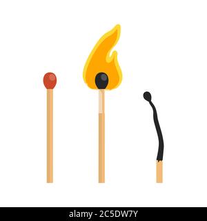 Matches, lighted match and burned match on white background. Vector illustration in trendy flat style. Stock Vector