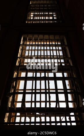 View of barred windows, Alcatraz Prison Stock Photo