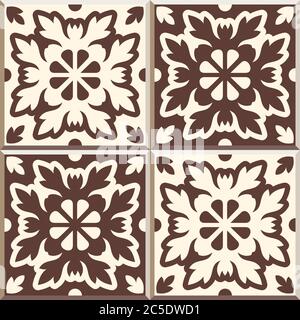 Set of four Floor tiles - seamless vintage pattern with cement tiles. Seamless vector background. Vector illustration. Retro colors - white and brown. Stock Vector
