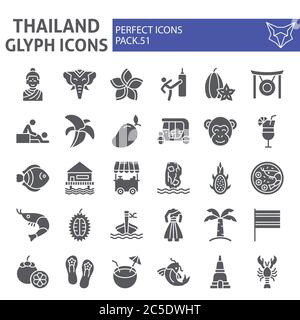 Thailand glyph icon set, thai symbols collection, vector sketches, logo illustrations, asia signs solid pictograms package isolated on white Stock Vector