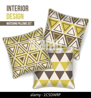 Set of 3 matching decorative pillows for interior design (mustard and grey triangles pattern). Pattern idea for fashion home textile design, fabric de Stock Vector