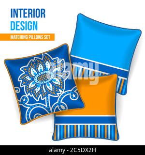 Home textile design, set of 3 matching decorative patterned throw pillows. Pattern idea for fashion home textile design, fabric design. Pillow vector Stock Vector