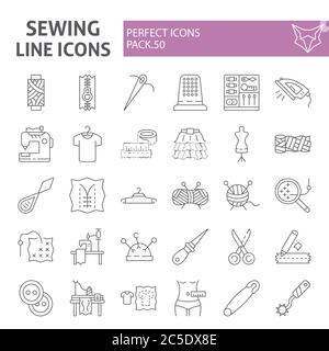 Sewing thin line icon set, tailor symbols collection, vector sketches, logo illustrations, dressmaking signs linear pictograms package isolated on Stock Vector