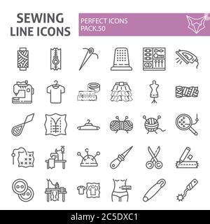 Sewing line icon set, tailor symbols collection, vector sketches, logo illustrations, dressmaking signs linear pictograms package isolated on white Stock Vector