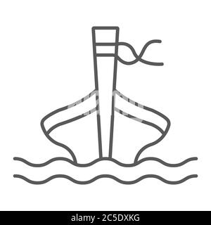 Long tail boat thin line icon, sheep and sea, tai boat sign, vector graphics, a linear pattern on a white background. Stock Vector