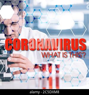 selective focus of bearded biochemist looking through microscope in laboratory, coronavirus illustration Stock Photo