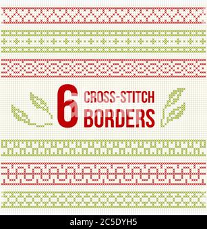 Set of cross stitch pattern for thin borders. Geometric frames for cross-stitch embroidery in classic style. Red and green, vector illustration. Stock Vector