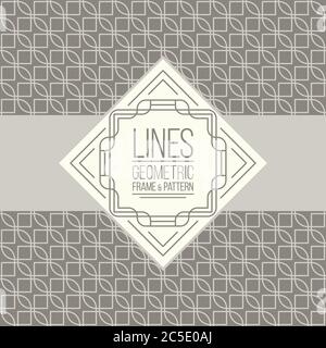 Geometric linear pattern and monoline frame. Vintage colors. Seamless abstract vector background.  Package design - badge with geometric border and pl Stock Vector