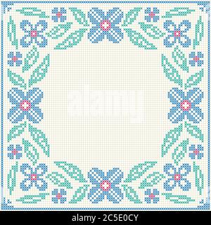 Cross stitch flower pattern. Floral frame for cross-stitch embroidery in Ukrainian traditional ethnic style. Blue and green, vector illustration. Stock Vector