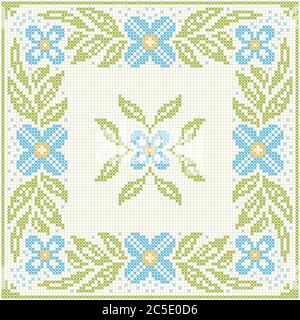 Cross stitch flower pattern. Floral frame for cross-stitch embroidery in Ukrainian traditional ethnic style. Blue and green, vector illustration. Stock Vector
