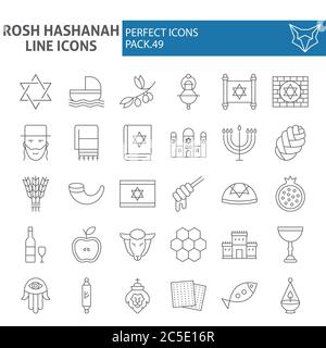 Rosh Hashanah thin line icon set, shana tova symbols collection, vector sketches, logo illustrations, israel signs linear pictograms package isolated Stock Vector