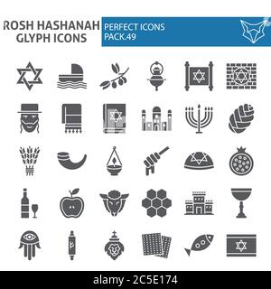 Rosh Hashanah glyph icon set, shana tova symbols collection, vector sketches, logo illustrations, israel signs solid pictograms package isolated on Stock Vector