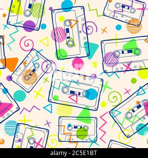 Seamless pattern with old school cassette tapes and neon colored 80s style doodles Stock Vector