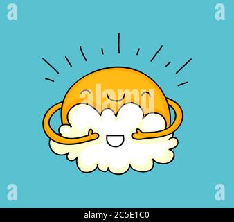 Cute and happy cartoon of the sun covering the eyes of a cloud, preparing for a surprise Stock Vector