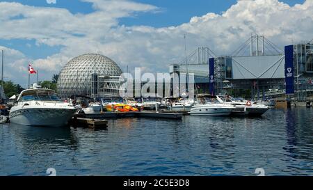 Marina and geodesic dome containing Imax theatre in Ontario Place amusement park in Toronto Ontario Canada. Stock Photo