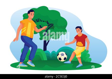 Happy father and son play soccer outdoors. Dad and boy playing with football ball in yard or park. Vector flat cartoon people characters illustration. Stock Vector
