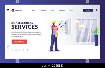 Electrician repairs electricity or installs fuse. Engineer makes house repair works. Vector flat cartoon worker character illustration. Home repair, m Stock Vector