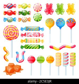 Candies collection isolated on white background. Vector cartoon illustration. Desserts icons and design elements set. Multicolor sweet lollipops, mars Stock Vector