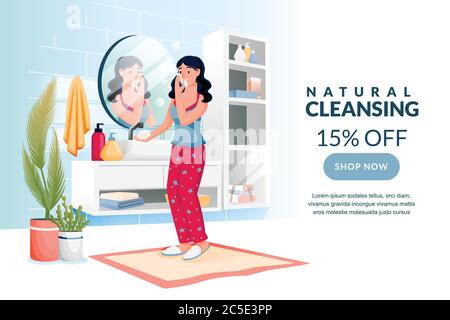Beauty, skin care, morning routine concept. Young woman washes face with cleansing gel. Vector flat cartoon character illustration. Girl using cosmeti Stock Vector