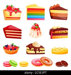 Sliced cakes collection isolated on white background. Vector cartoon illustration. Desserts icons and cafe design elements set. Multicolor sweet pastr Stock Vector